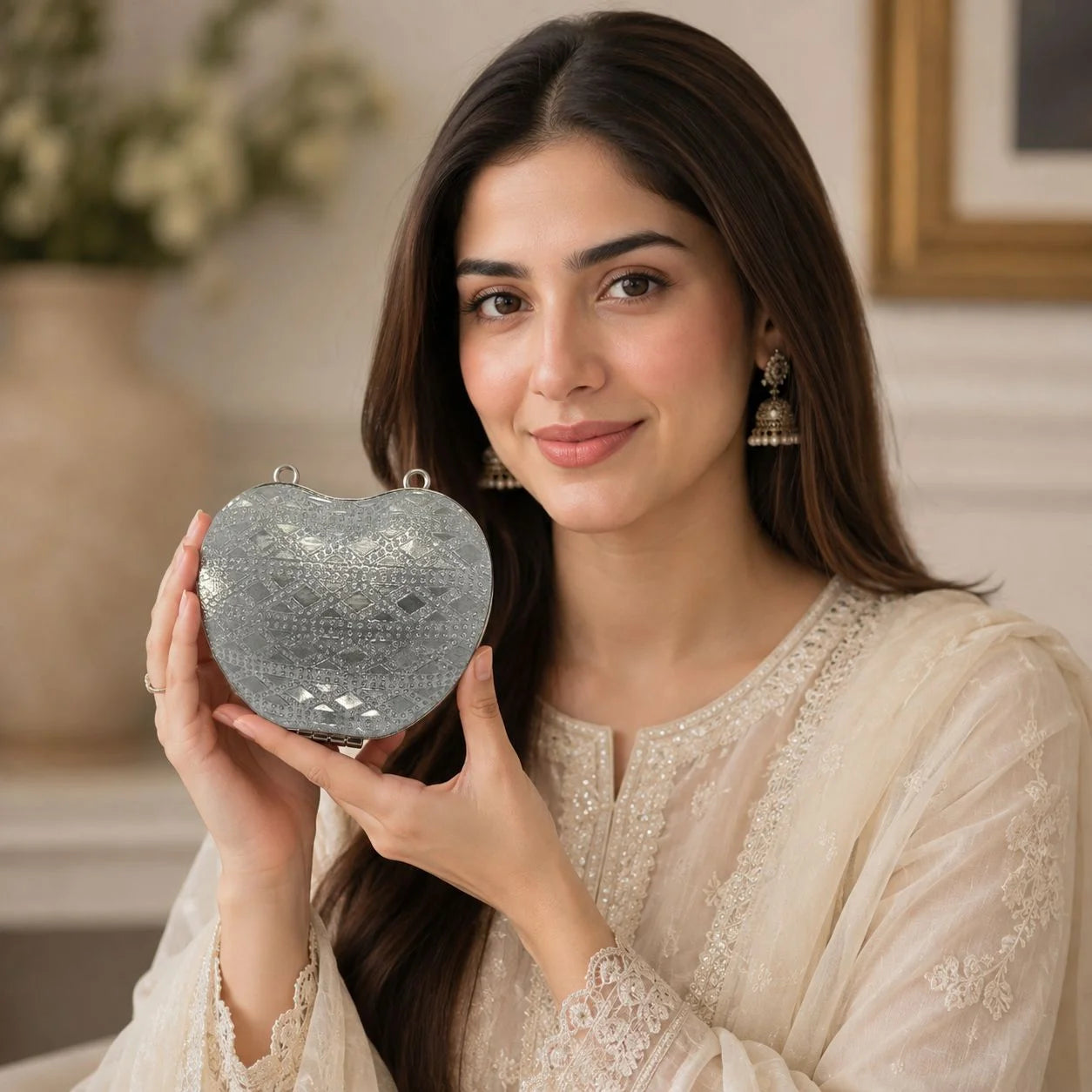 Metallic Heart Shape Evening Clutch Bag silver
