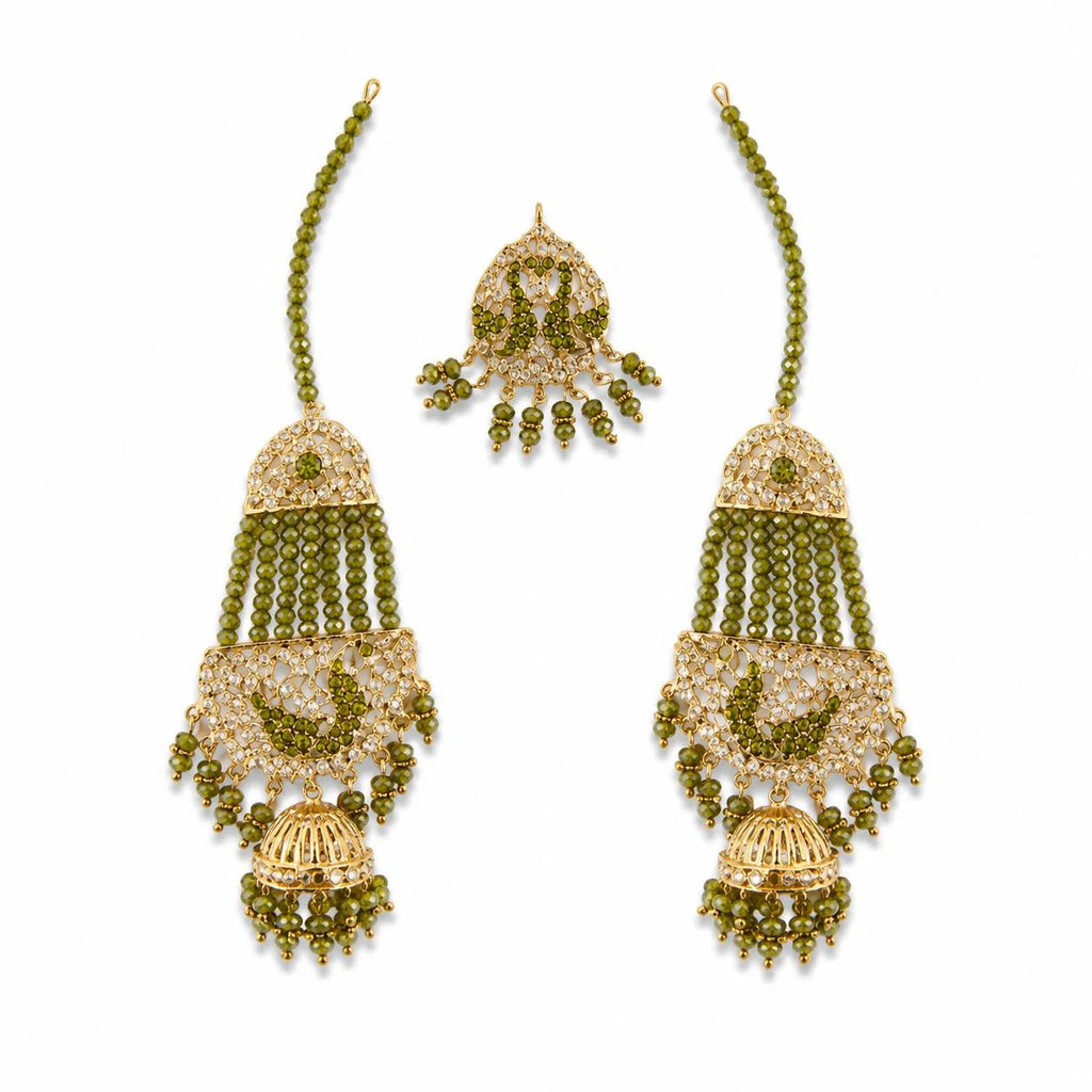 Green Kundan Beaded Bridal Kaleere Set with Jhumka Drops 1