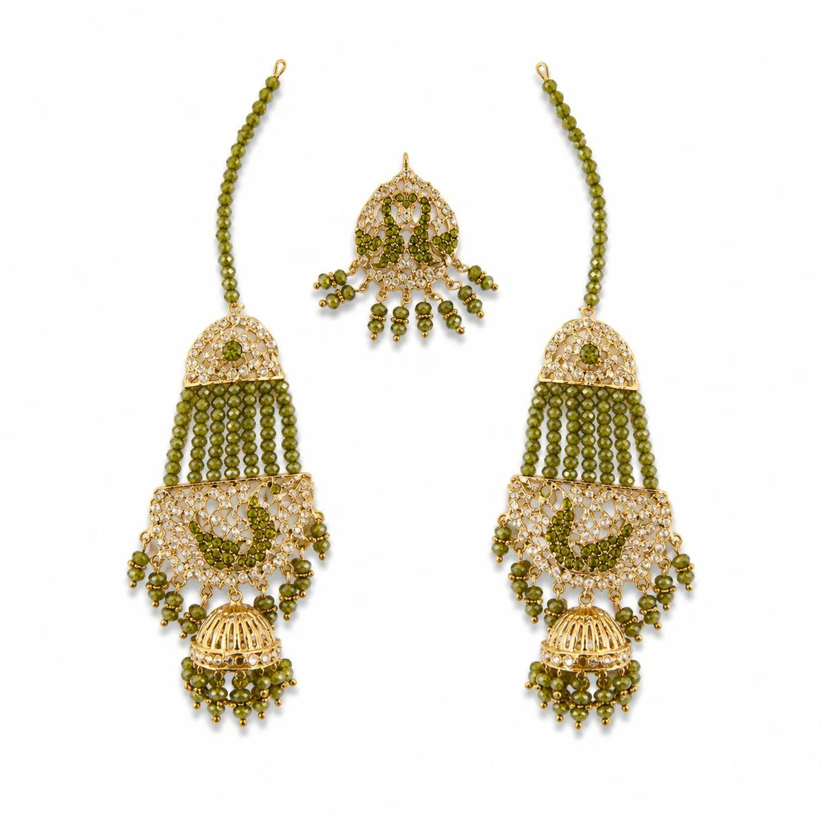 Green Kundan Beaded Bridal Kaleere Set with Jhumka Drops 1