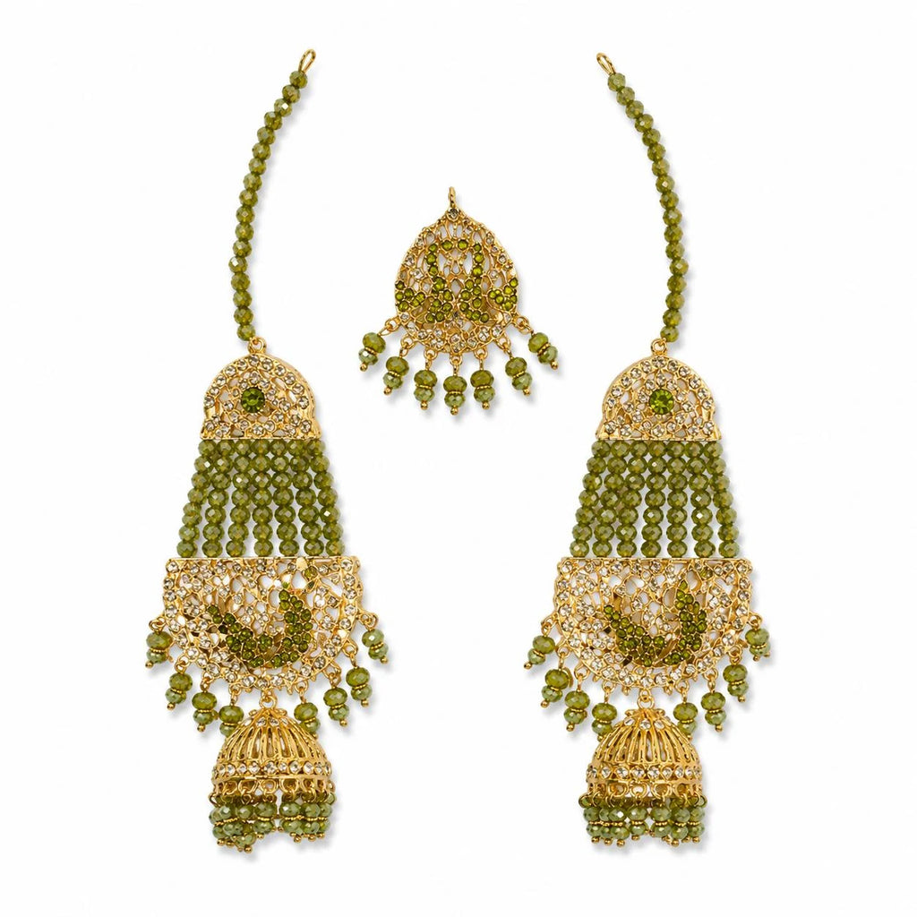 Green Kundan Beaded Bridal Kaleere Set with Jhumka Drops 2