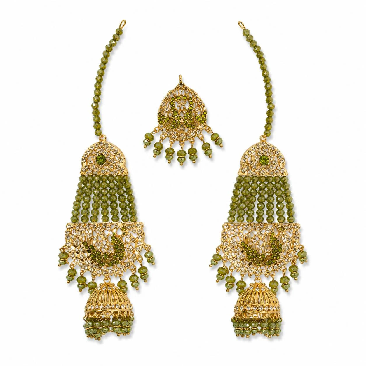 Green Kundan Beaded Bridal Kaleere Set with Jhumka Drops 2