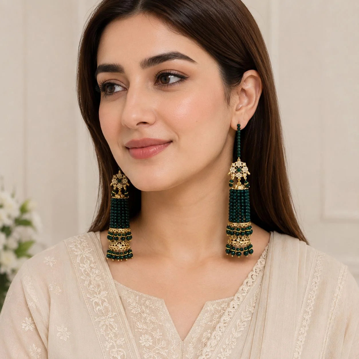 Luxury Emerald Green Crystal Beaded Bridal Kaleere Set with Gold Detailing