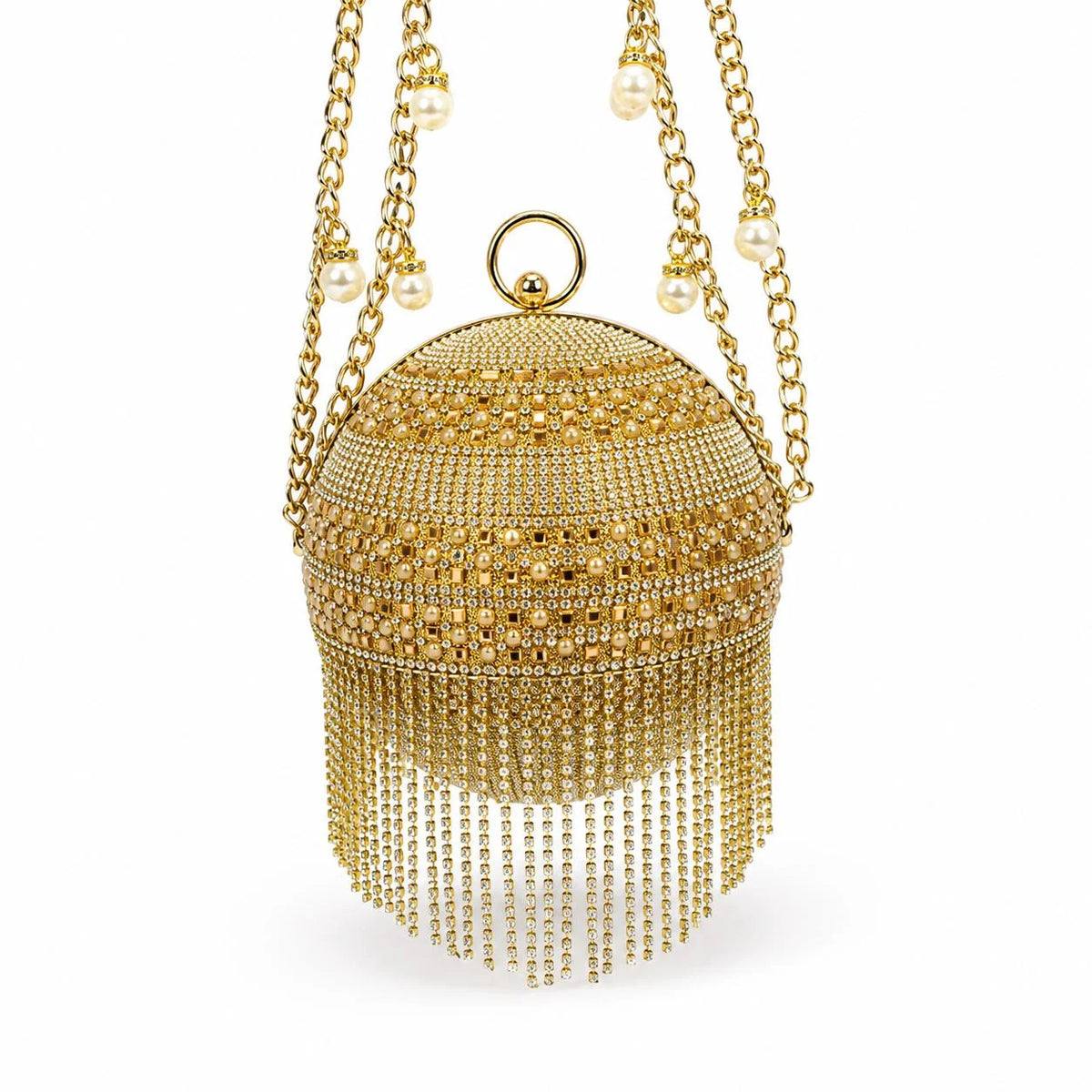 Gold Crystal Pearl Fringe Round Evening Clutch Bag 1