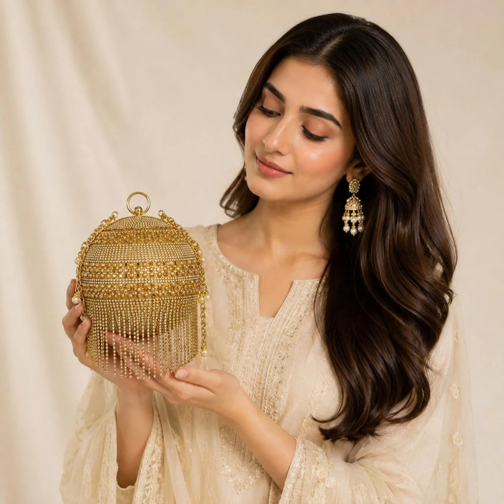 Gold Crystal Pearl Fringe Round Evening Clutch Bag