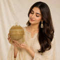 Gold Crystal Pearl Fringe Round Evening Clutch Bag