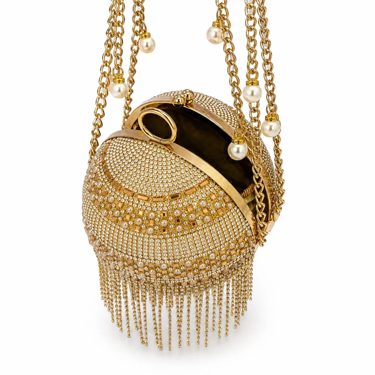 Gold Crystal Pearl Fringe Round Evening Clutch Bag2