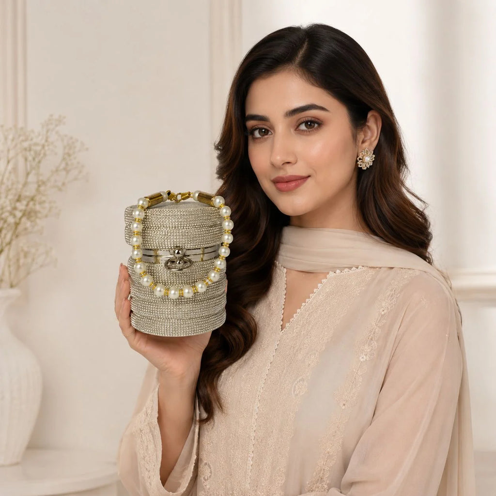 Silver Rhinestone Pearl Handle Round Evening Clutch Bag