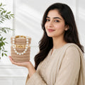 Gold Rhinestone Pearl Handle Round Evening Clutch Bag