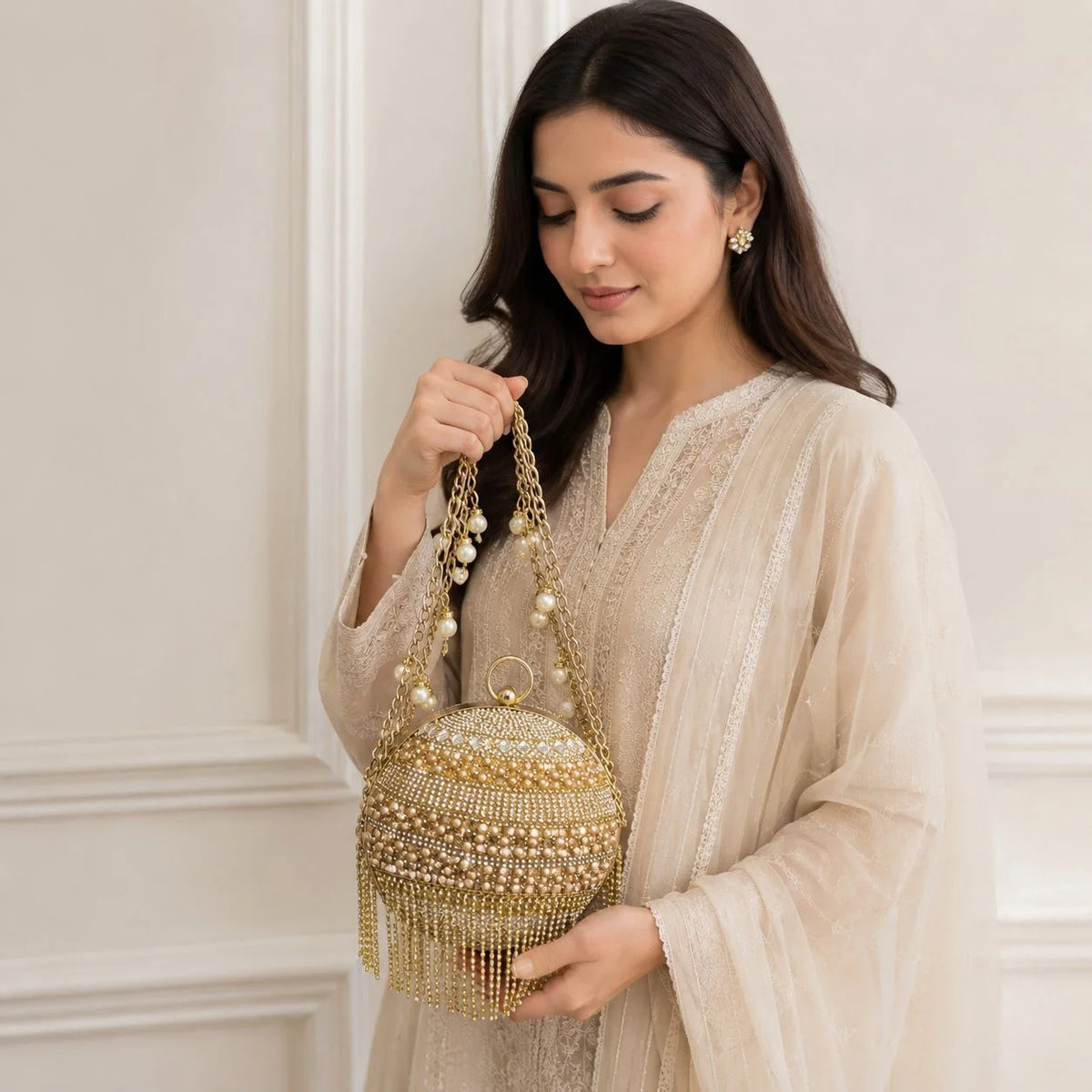 Gold Crystal Pearl Fringe Round Evening Clutch Bag gold