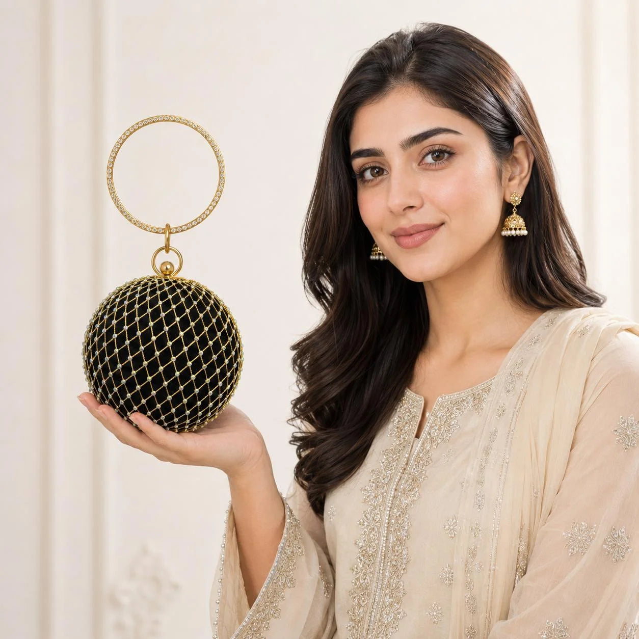 Crystal Embellished Round Ball Clutch Bag with Rhinestone Ring Handle black